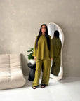 Alissia Olive Green Plain Crew Neck Lounge Trouser Set