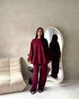 Alissia Wine Plain Crew Neck Lounge Trouser Set