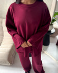 Alissia Wine Plain Crew Neck Lounge Trouser Set