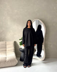 Alissia Black Plain Crew Neck Lounge Trouser Set