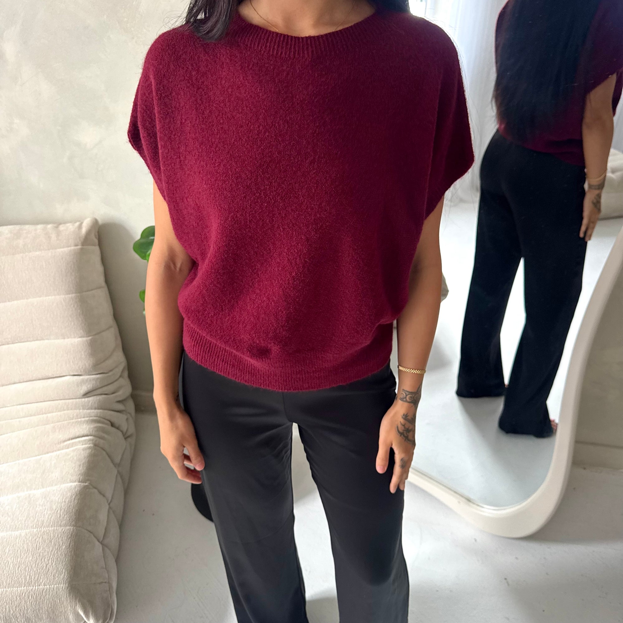 Hala Wine Soft Knitted Batwing Top