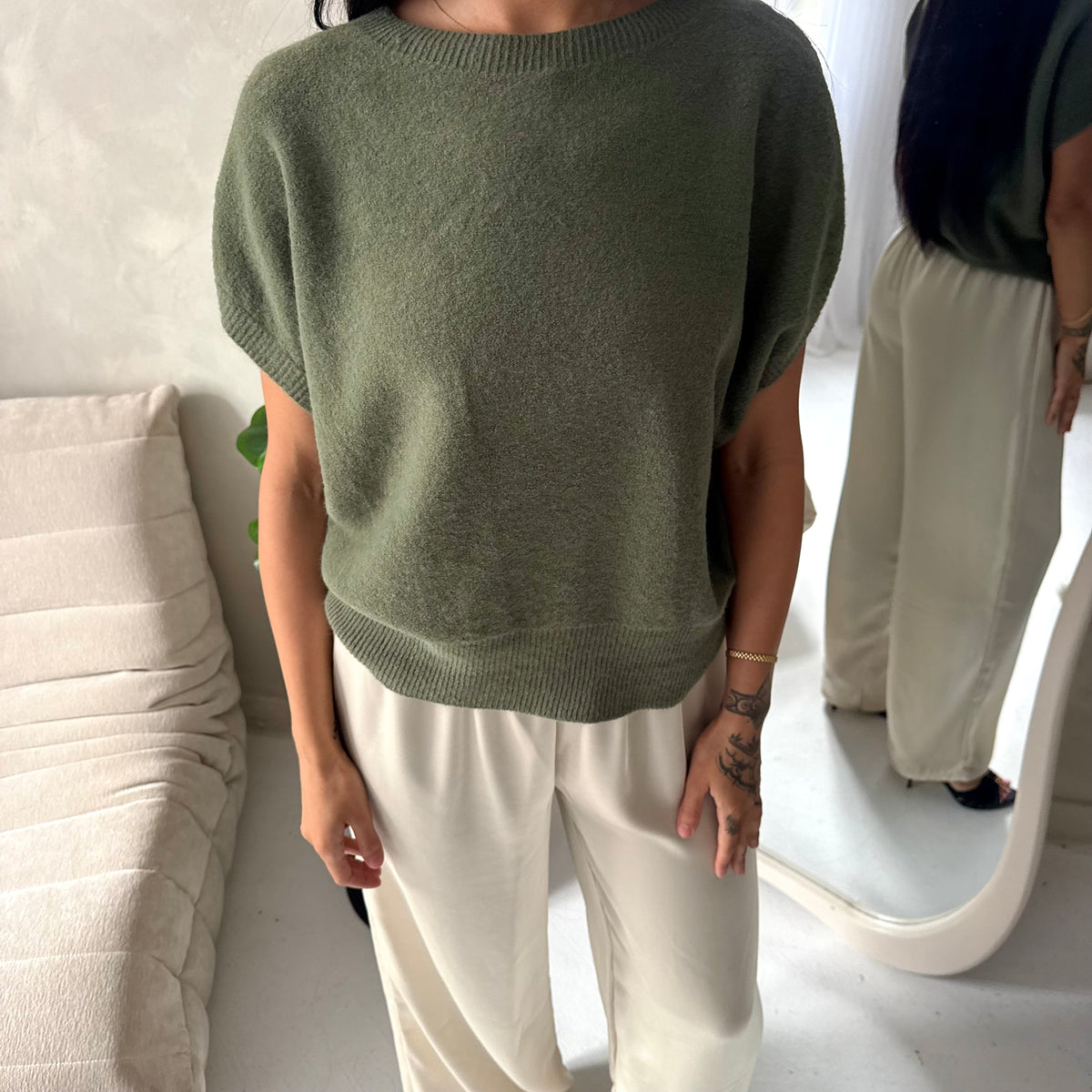 Hala Khaki Soft Knitted Batwing Top