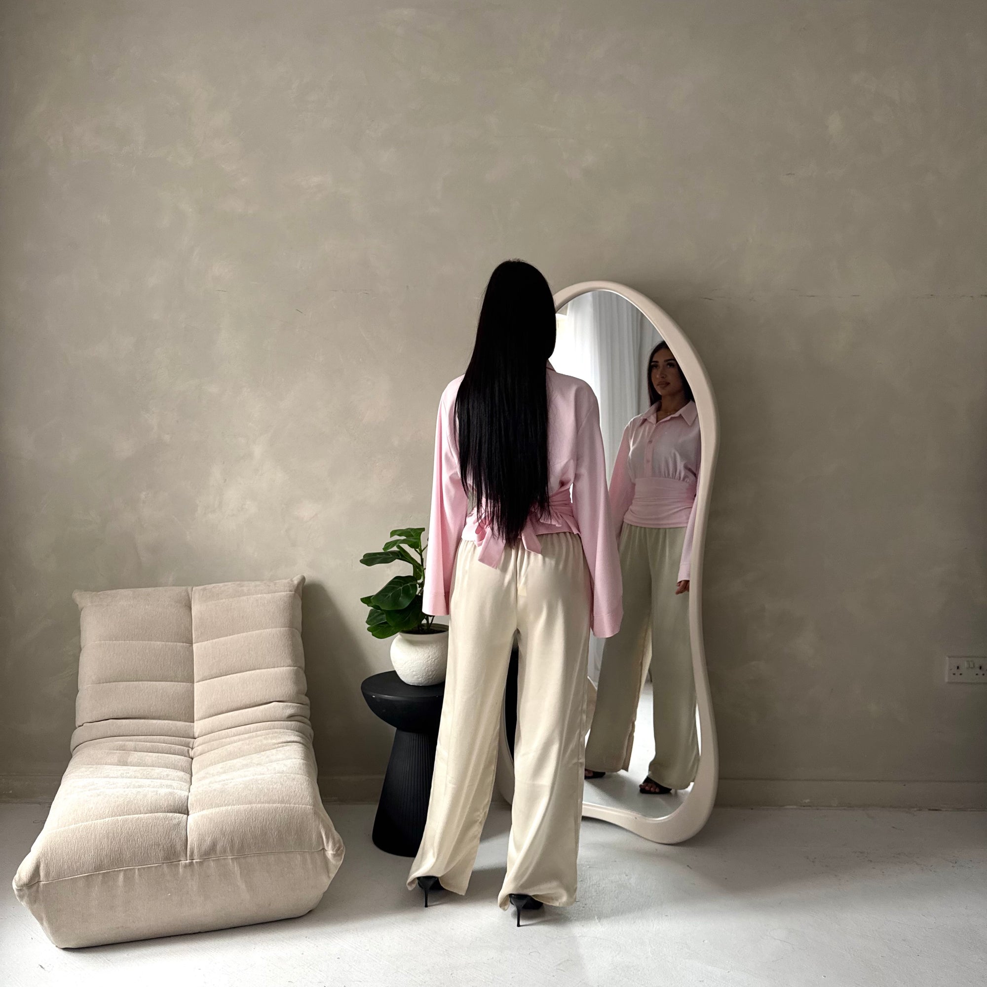 Layl Pink Plain Cinch Waist Collar Top