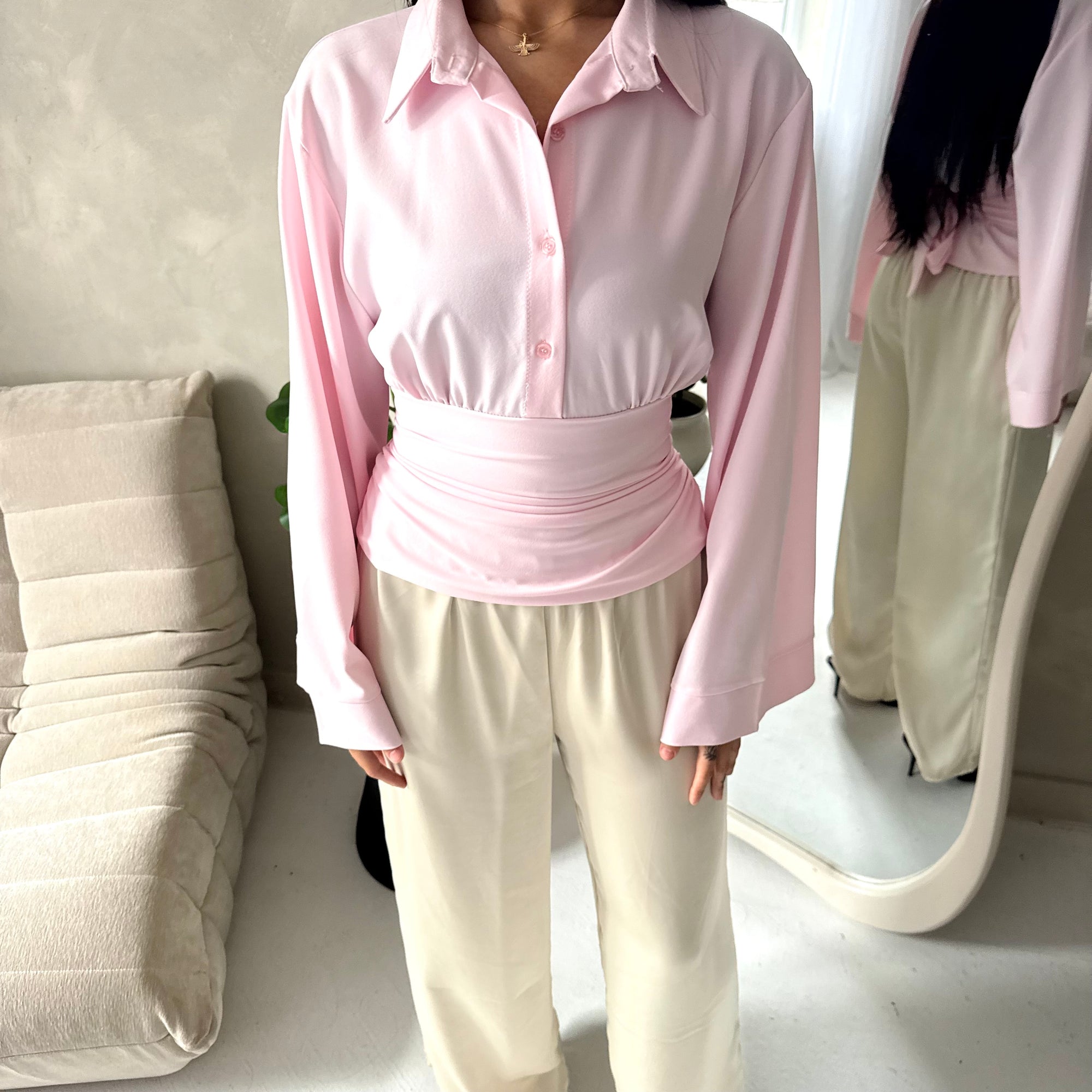 Layl Pink Plain Cinch Waist Collar Top