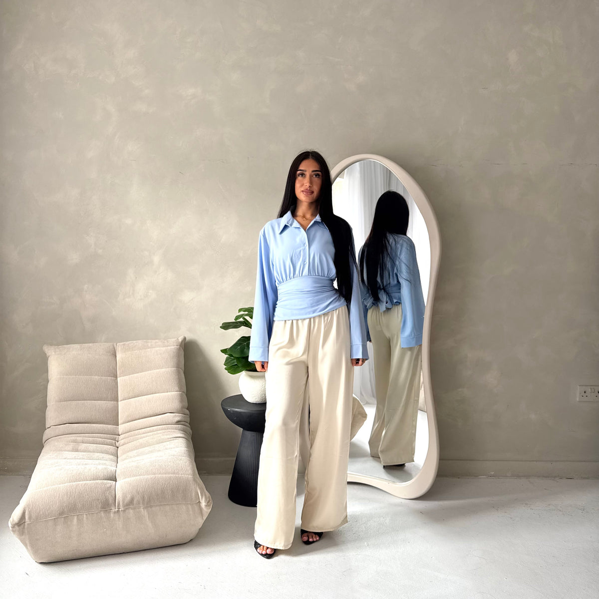 Layl Blue Plain Cinch Waist Collar Top