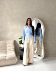 Layl Blue Plain Cinch Waist Collar Top