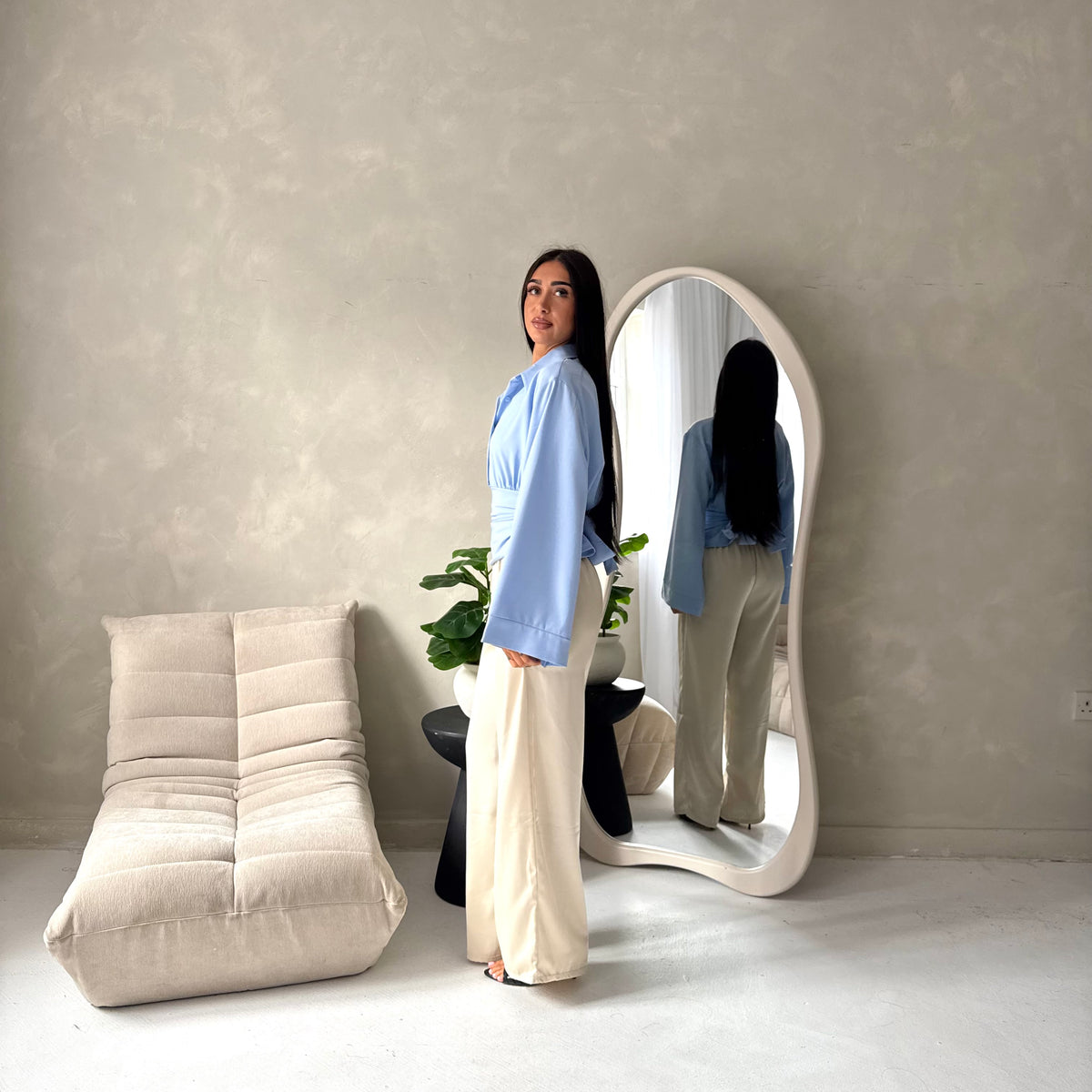 Layl Blue Plain Cinch Waist Collar Top