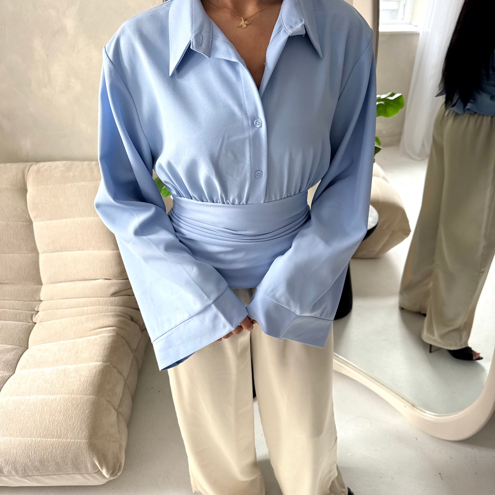 Layl Blue Plain Cinch Waist Collar Top