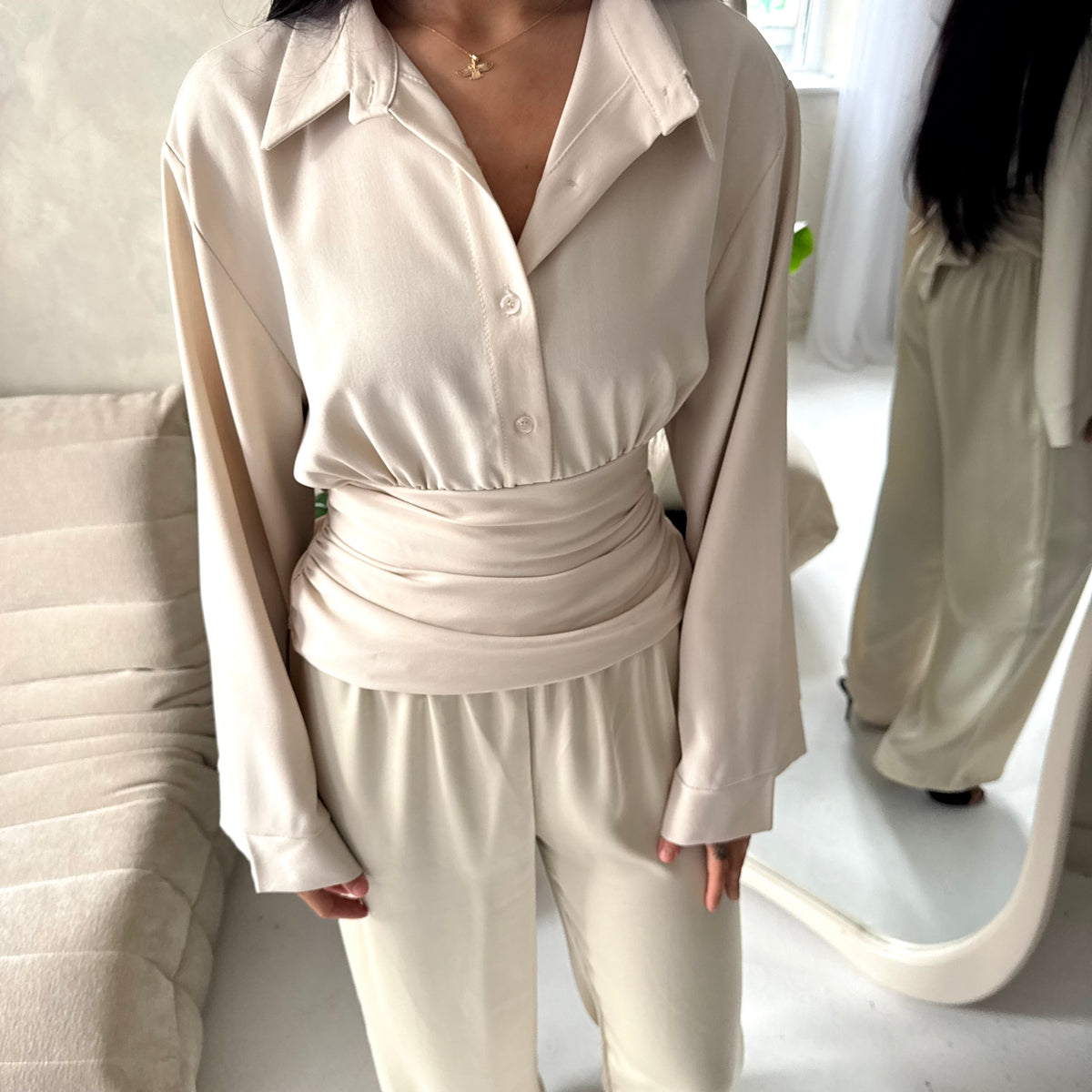 Layl Beige Plain Cinch Waist Collar Top