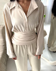 Layl Beige Plain Cinch Waist Collar Top