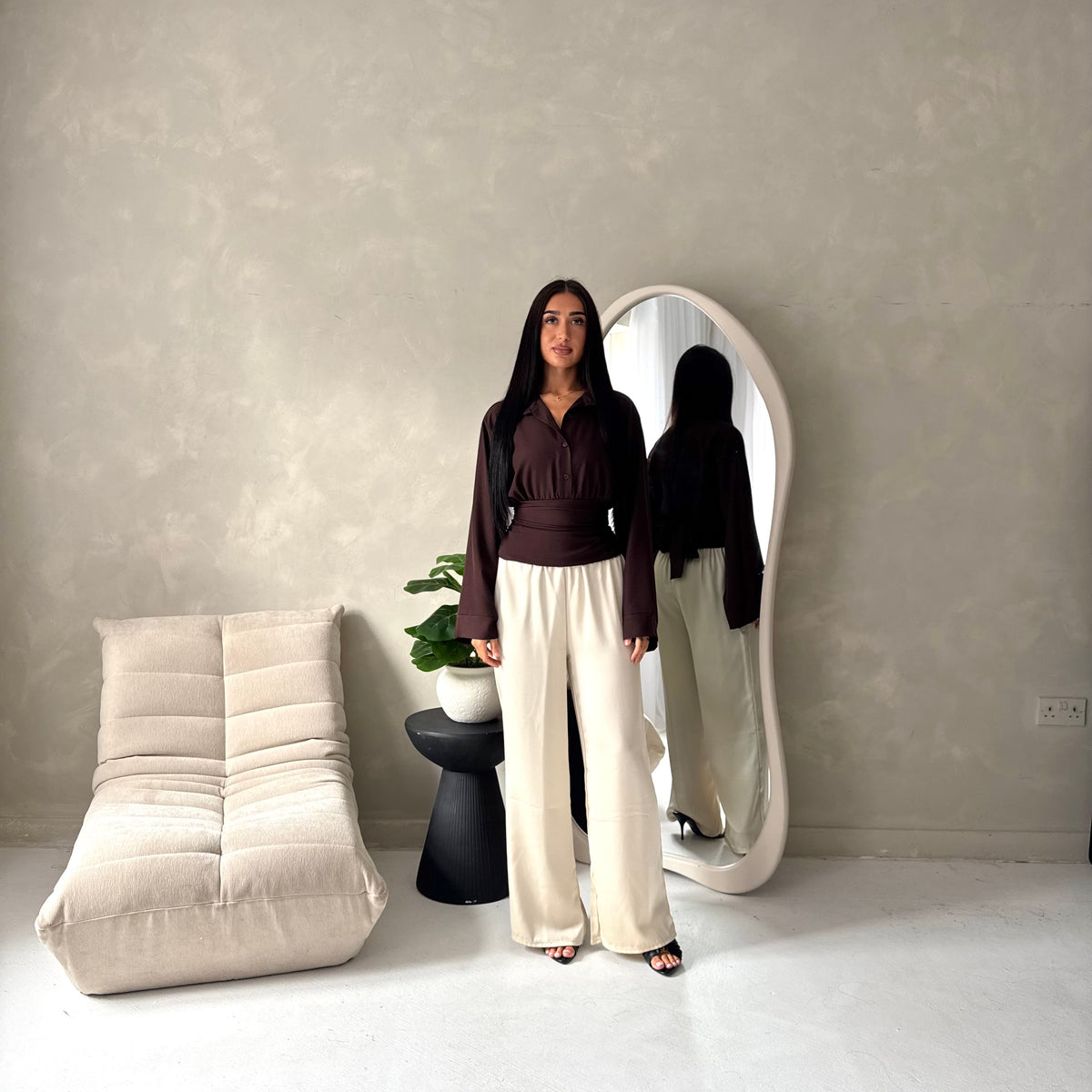 Layl Brown Plain Cinch Waist Collar Top