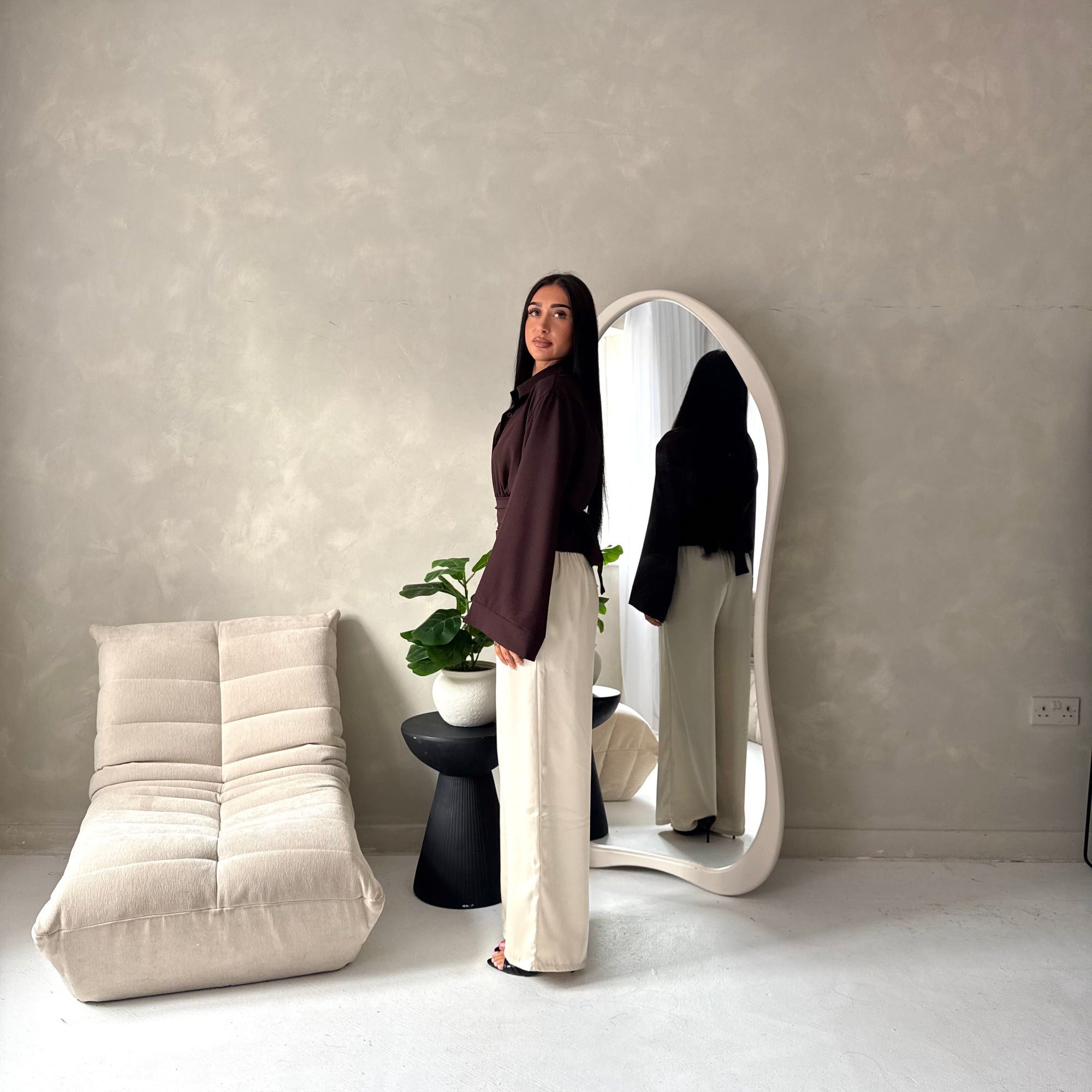 Layl Brown Plain Cinch Waist Collar Top