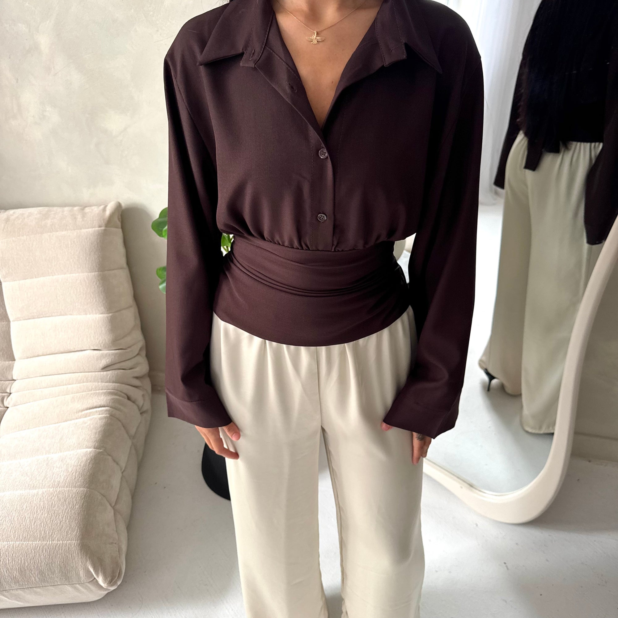 Layl Brown Plain Cinch Waist Collar Top