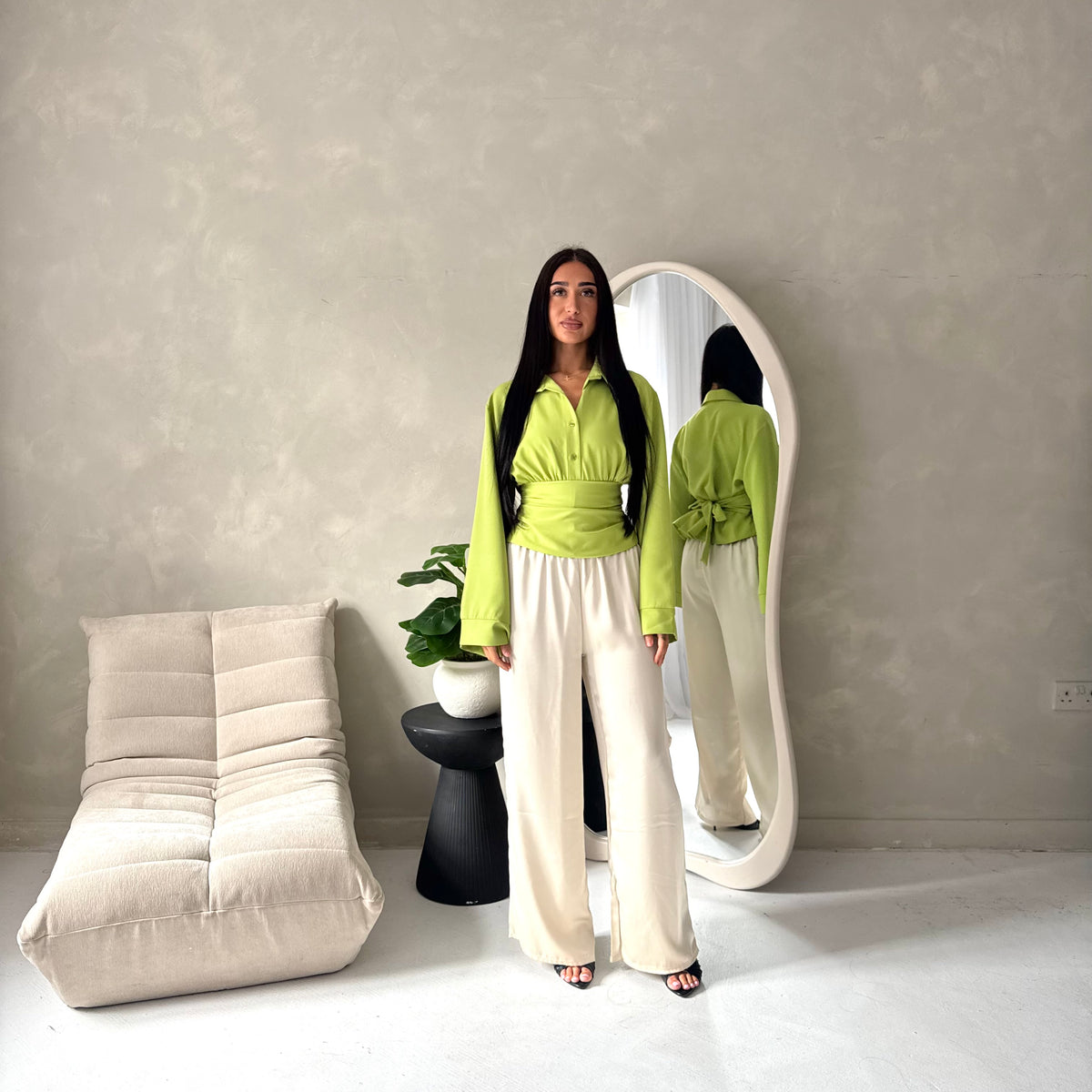 Layl Lime Green Plain Cinch Waist Collar Top