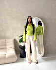 Layl Lime Green Plain Cinch Waist Collar Top