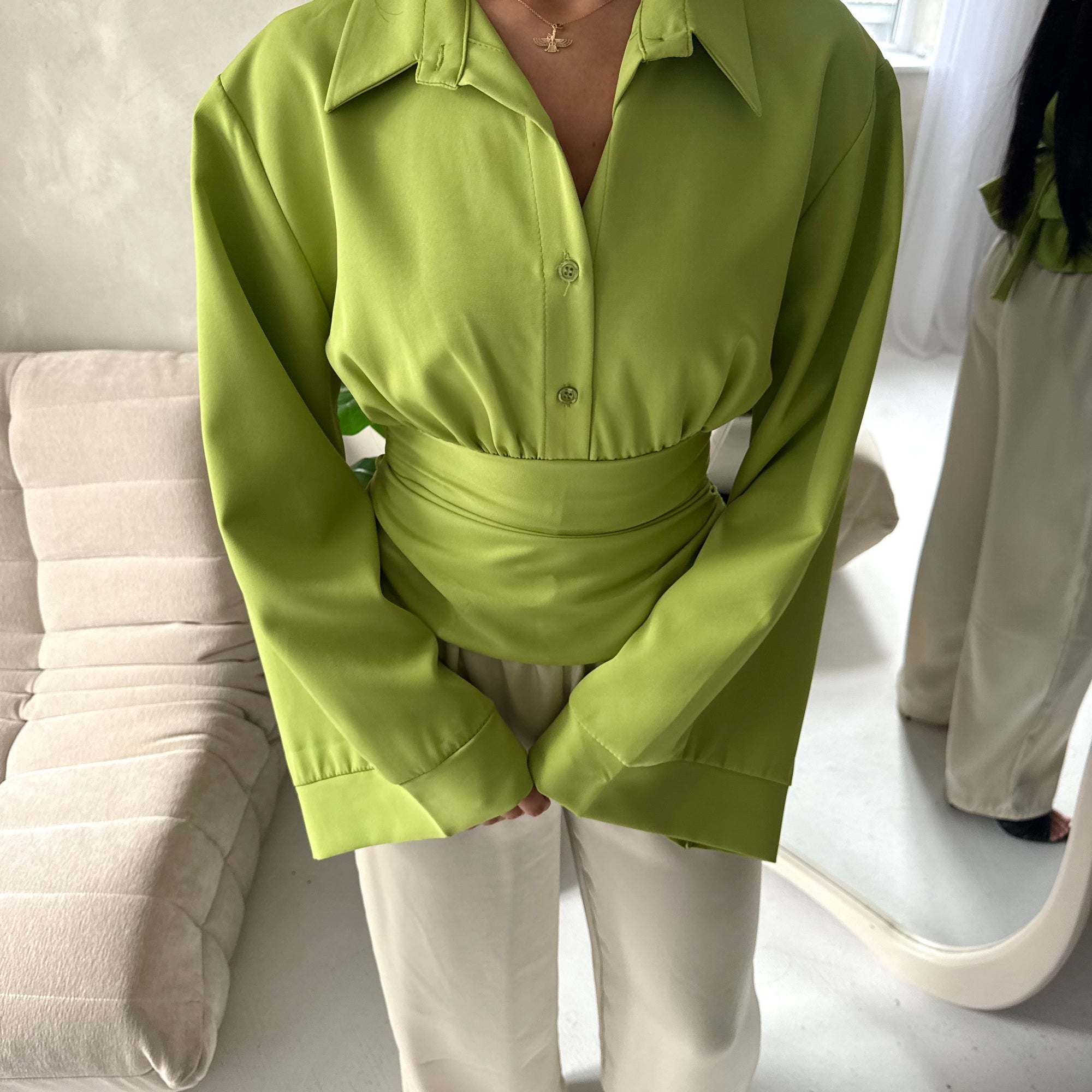 Layl Lime Green Plain Cinch Waist Collar Top