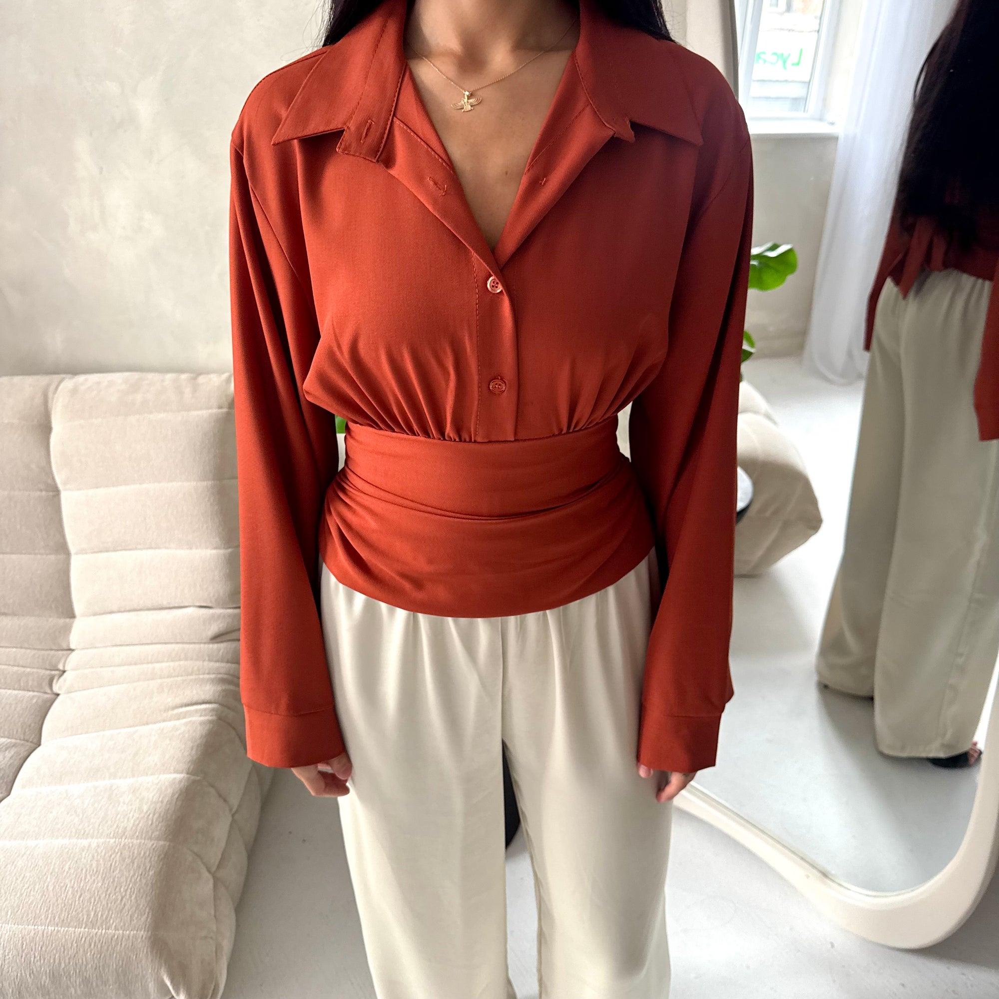 Layl Rust Plain Cinch Waist Collar Top
