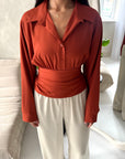 Layl Rust Plain Cinch Waist Collar Top