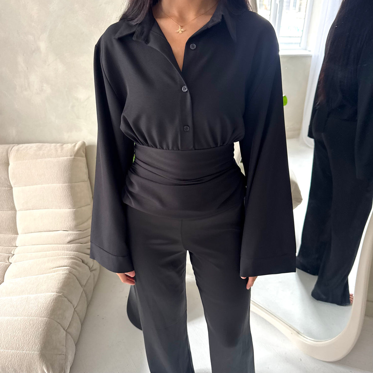 Layl Black Plain Cinch Waist Collar Top