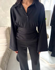 Layl Black Plain Cinch Waist Collar Top