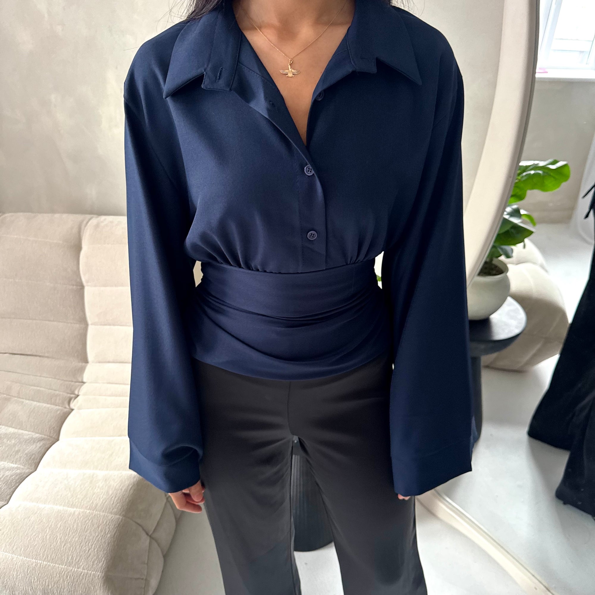 Layl Navy Plain Cinch Waist Collar Top