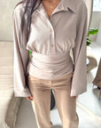 Layl Mocha Plain Cinch Waist Collar Top