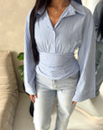 Reem Blue Stripe Collar Cinch Waist Top