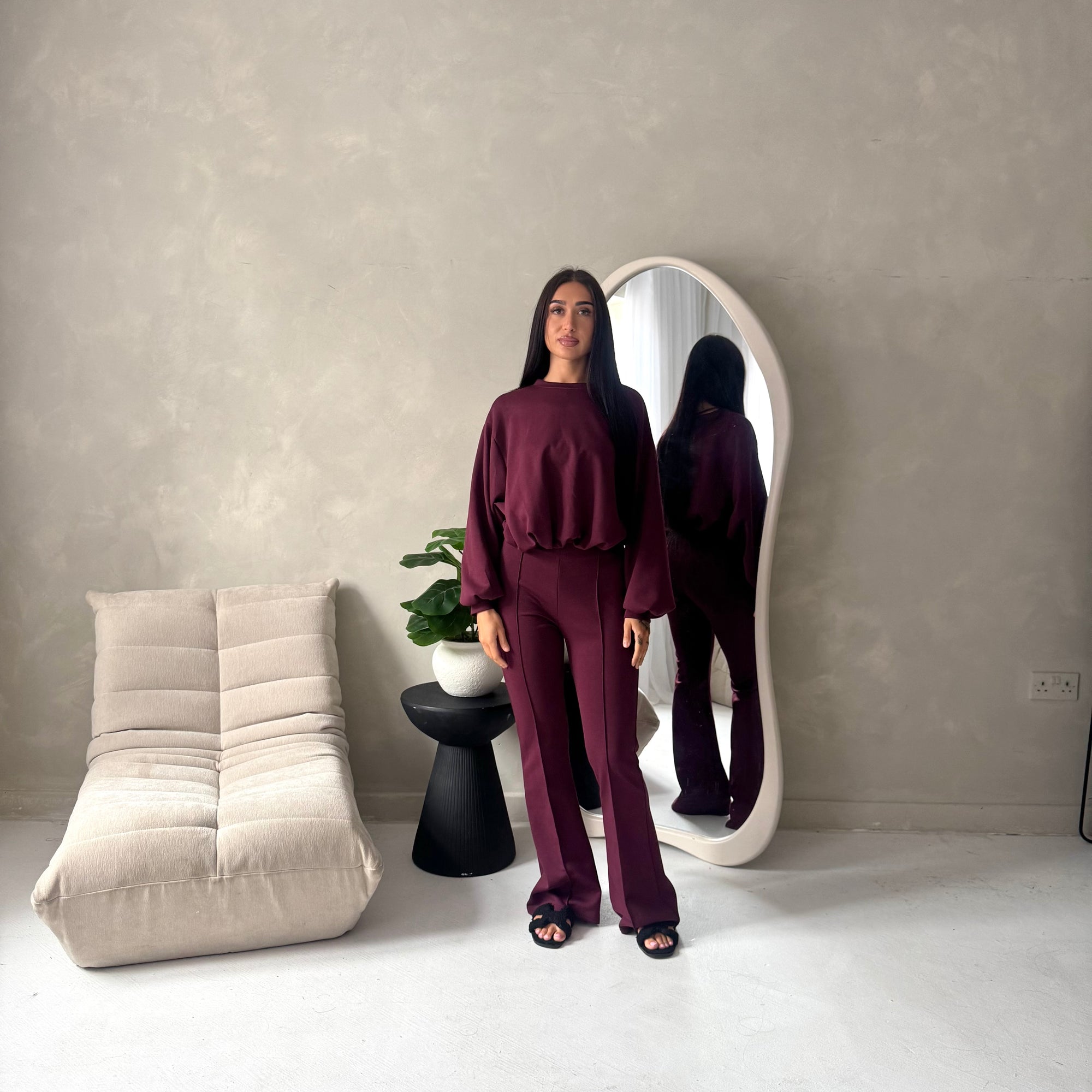 Maira Wine Plain Cinched Hem Trouser Co Ord Set
