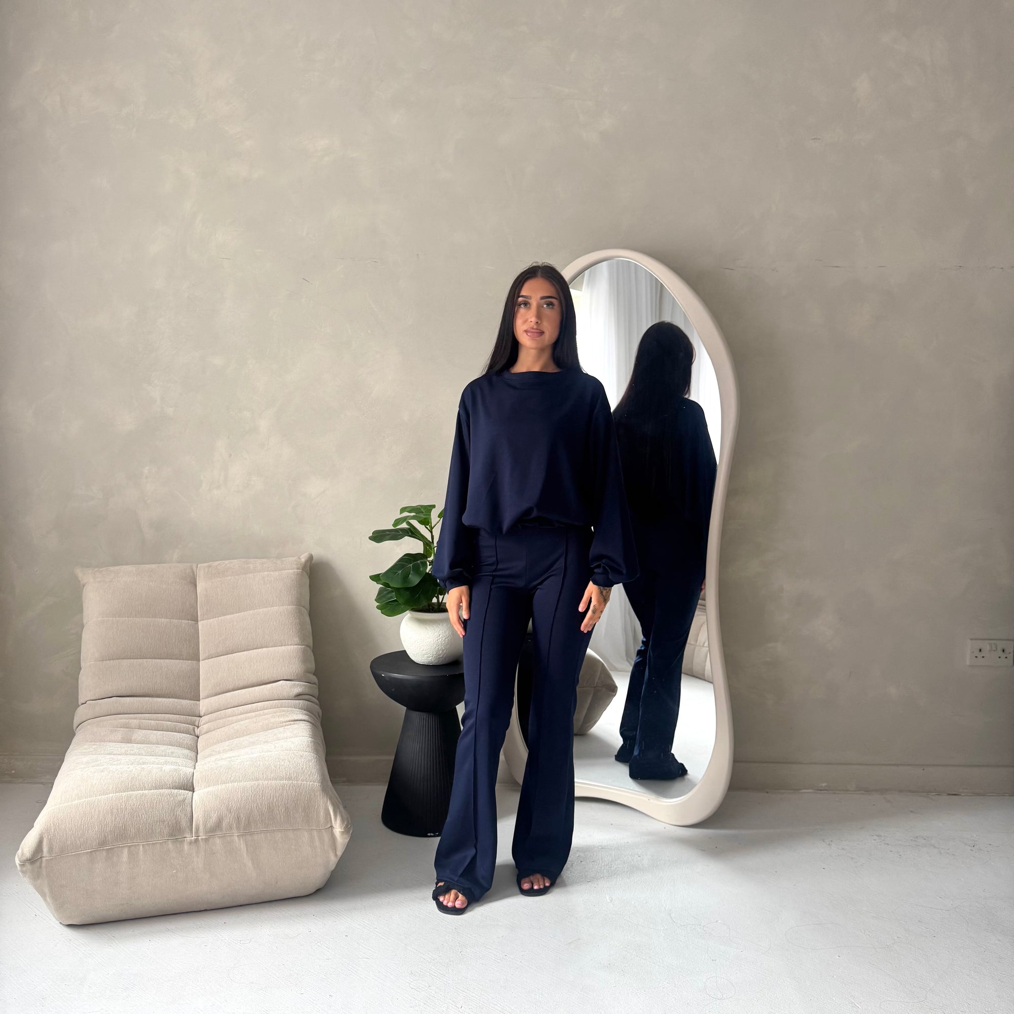 Maira Navy Plain Cinched Hem Trouser Co Ord Set