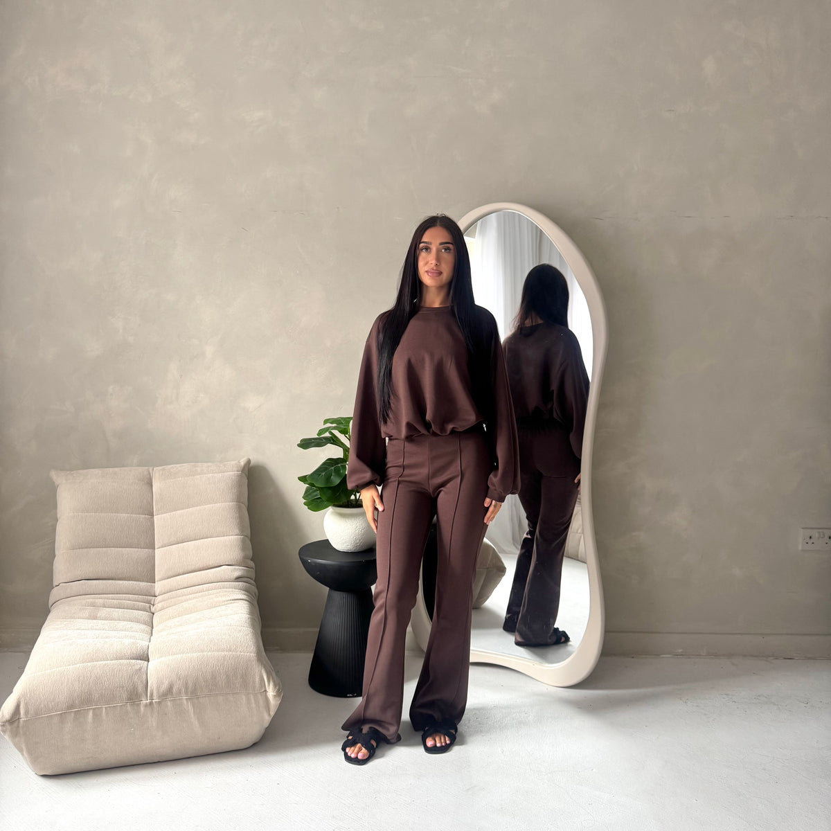 Maira Brown Plain Cinched Hem Trouser Co Ord Set