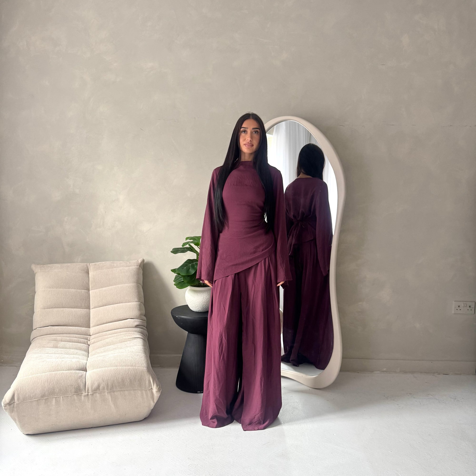 Daniyah Plum Asymmetrical Tie Back Top Trouser Co Ord Set