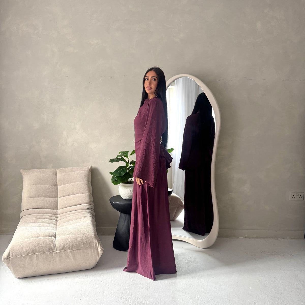 Daniyah Plum Asymmetrical Tie Back Top Trouser Co Ord Set