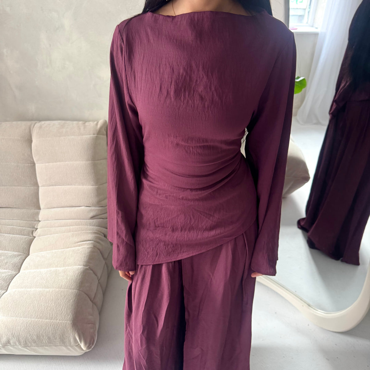 Daniyah Plum Asymmetrical Tie Back Top Trouser Co Ord Set
