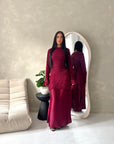 Saria Wine Floral Mesh Top Satin Tie Back Dress-House Of Haniya