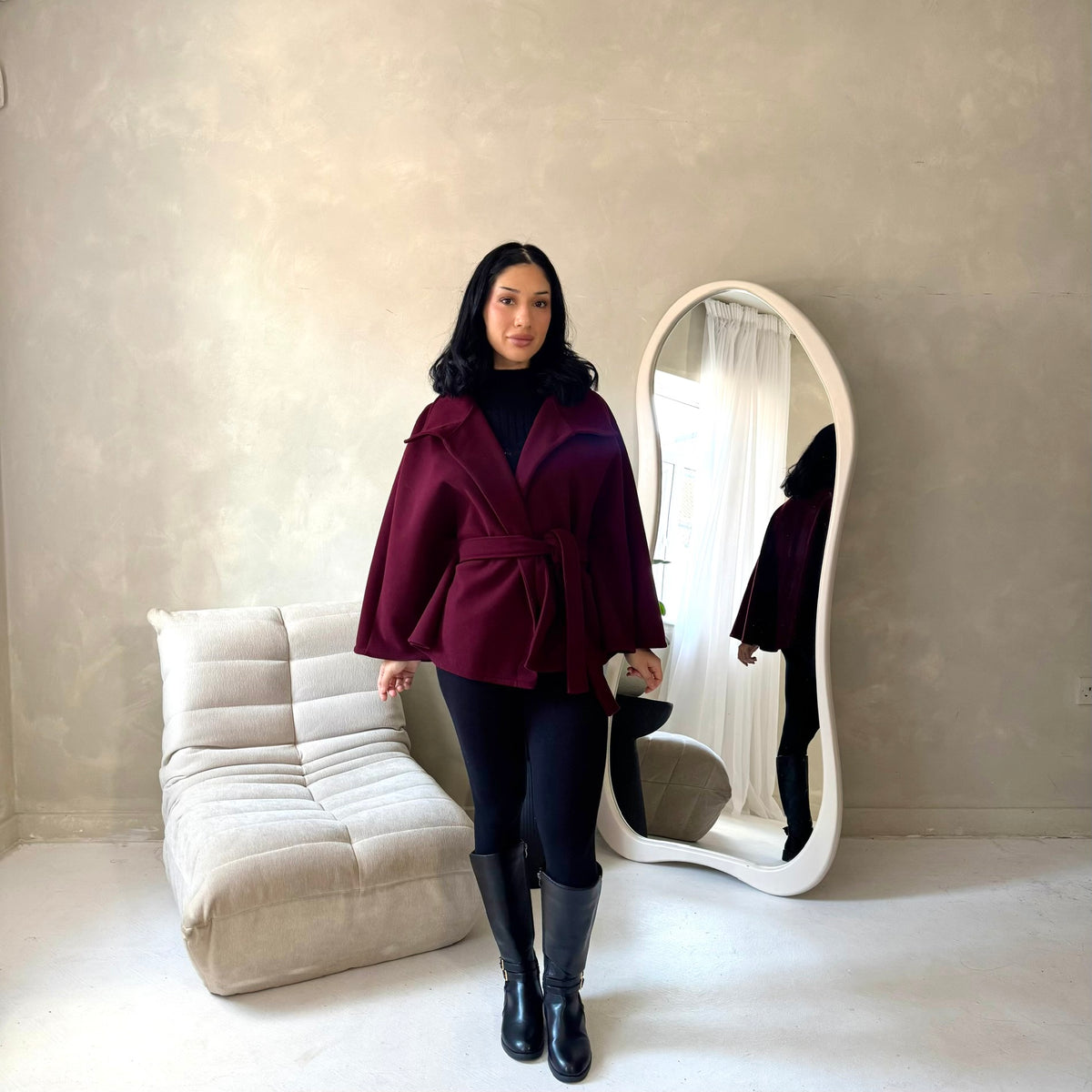 Hala Wine High Neck Belted Poncho Coat