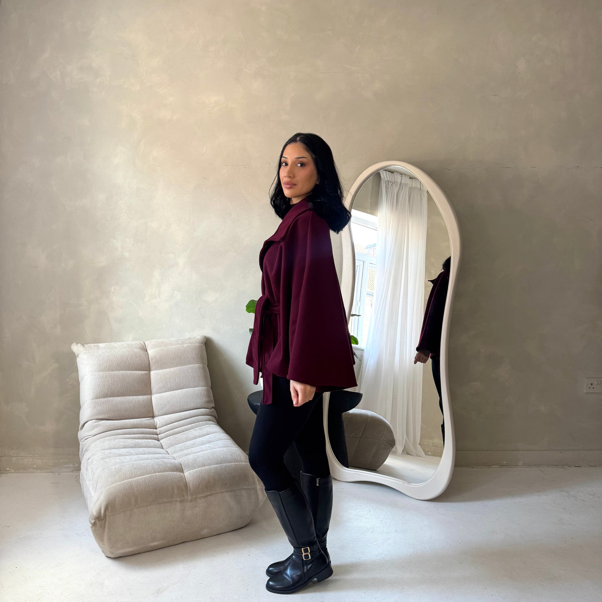 Hala Wine High Neck Belted Poncho Coat