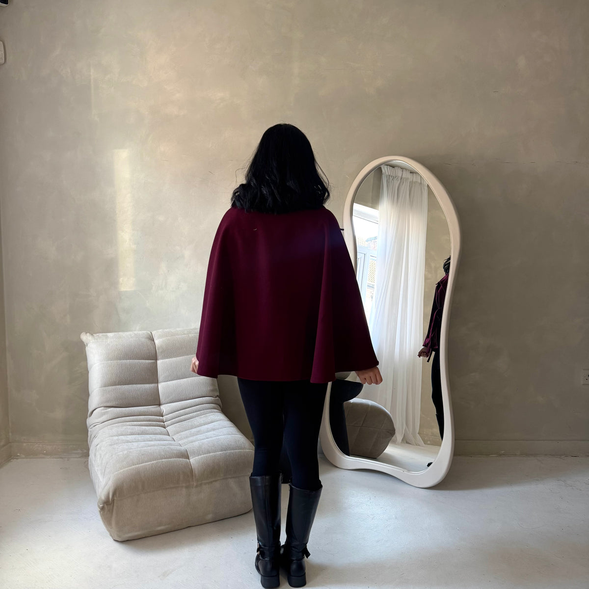 Hala Wine High Neck Belted Poncho Coat
