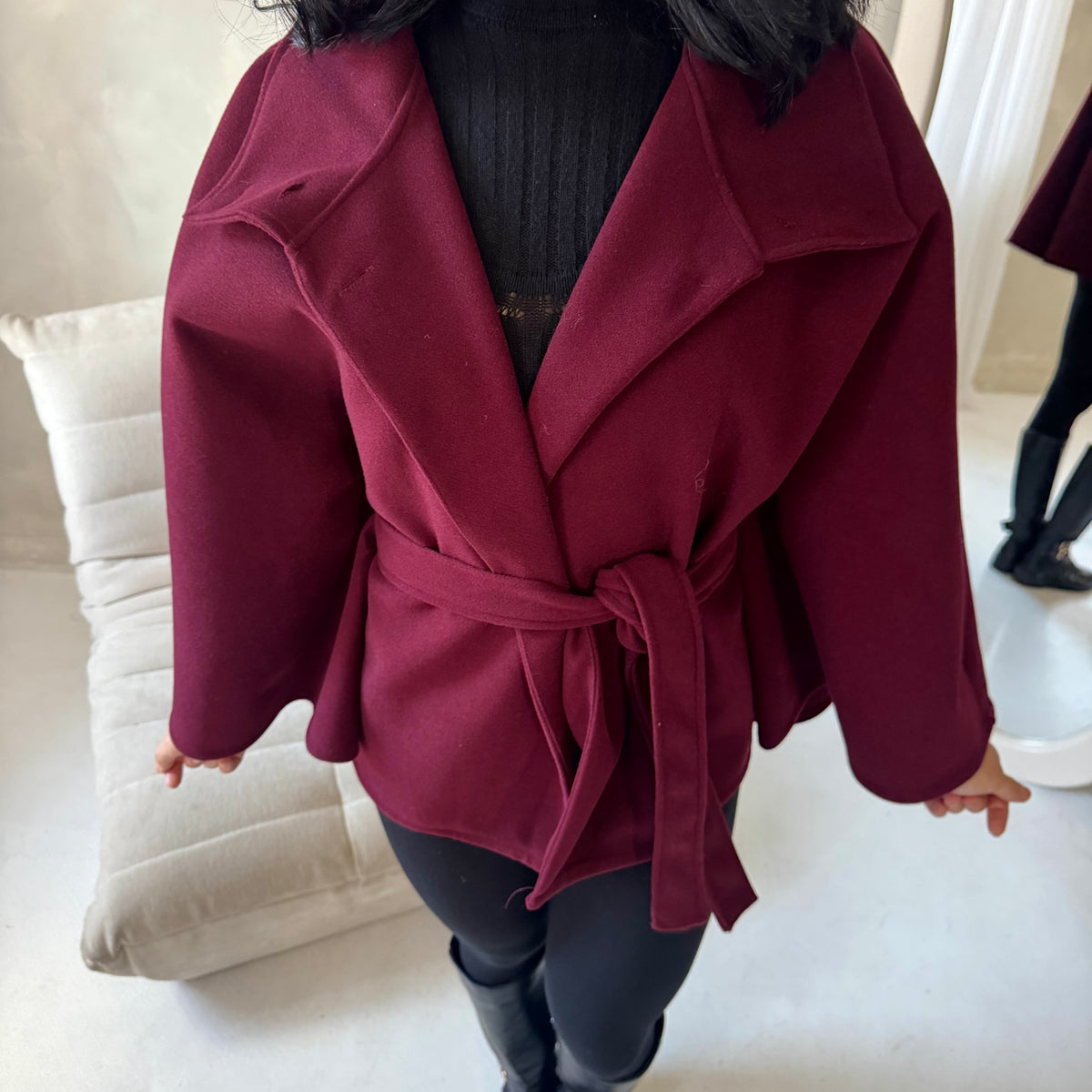Hala Wine High Neck Belted Poncho Coat