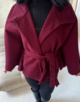 Hala Wine High Neck Belted Poncho Coat