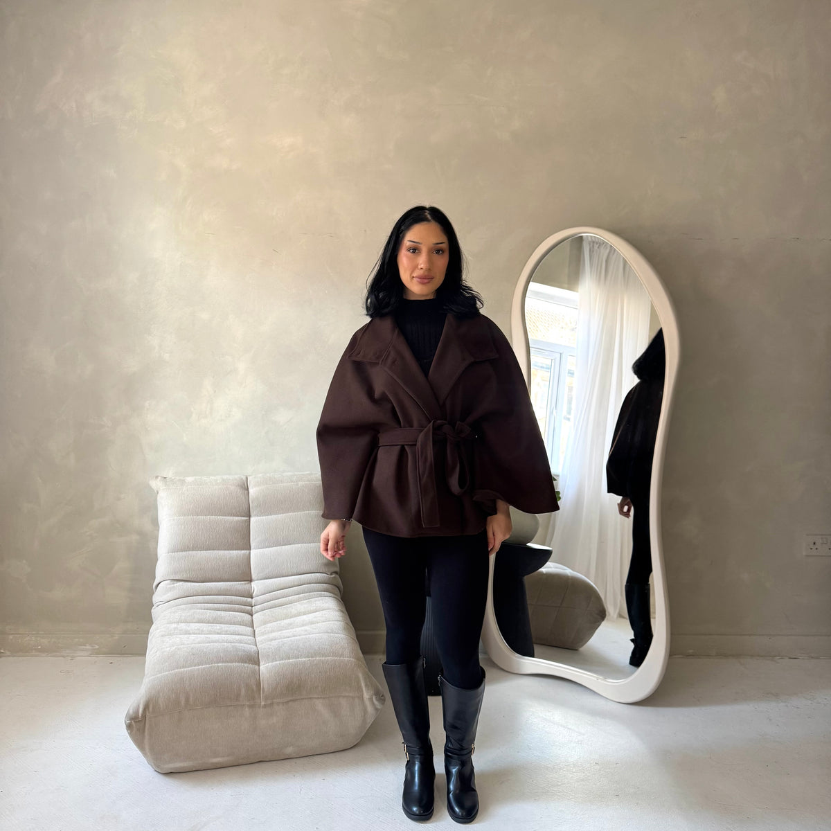 Hala Brown High Neck Belted Poncho Coat