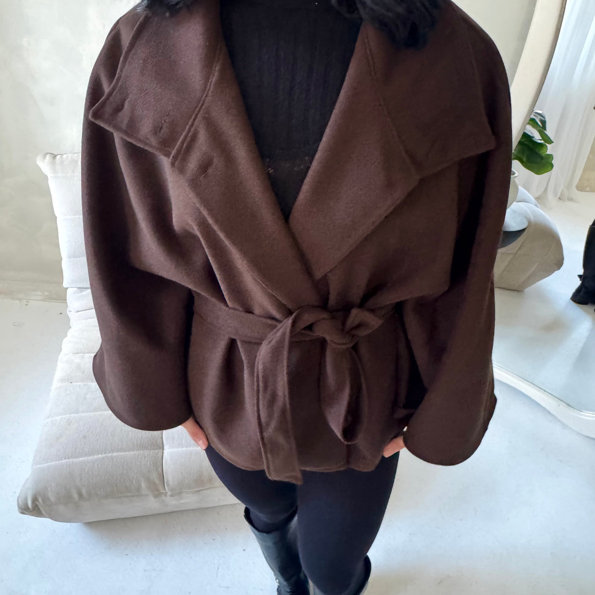 Hala Brown High Neck Belted Poncho Coat