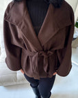 Hala Brown High Neck Belted Poncho Coat