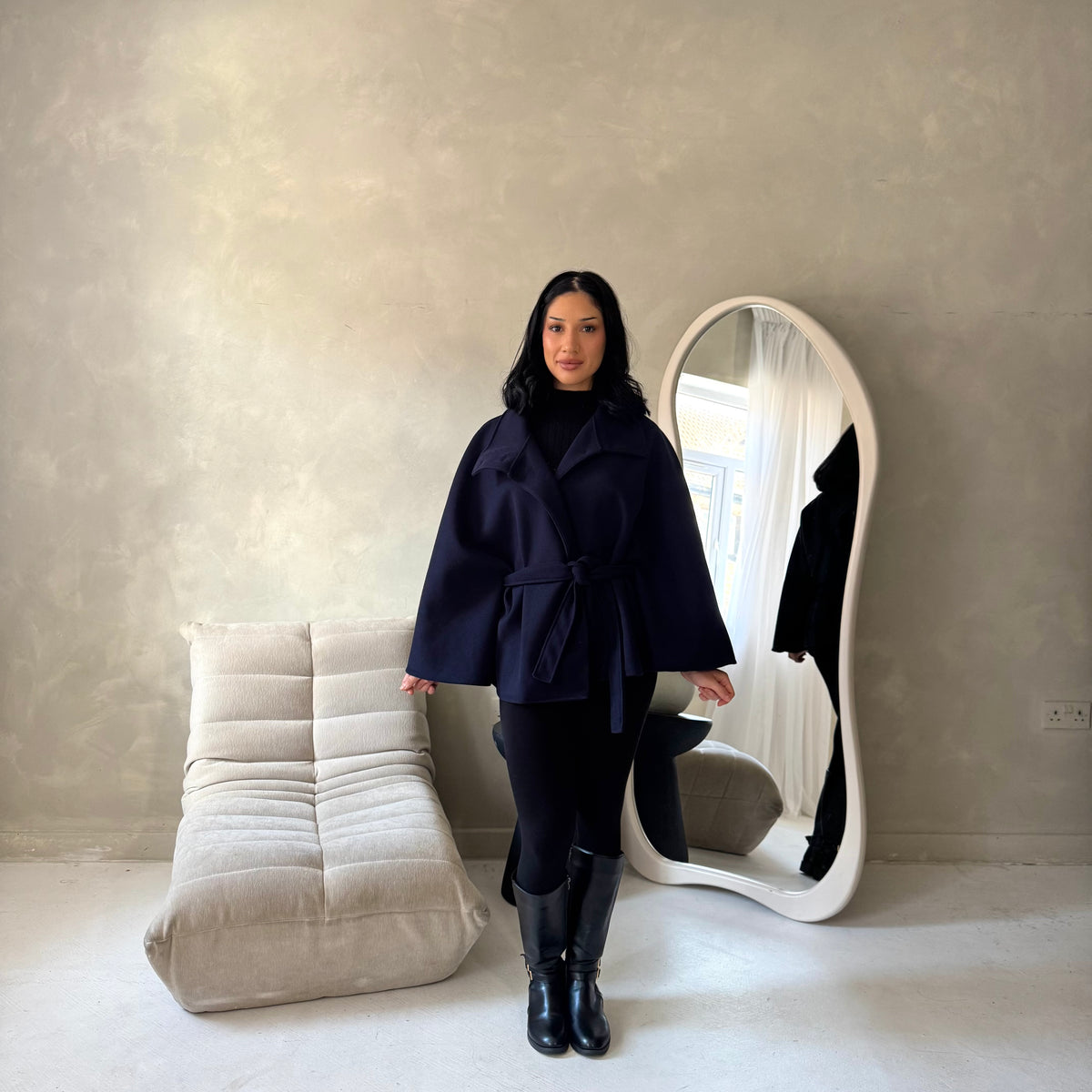 Hala Navy High Neck Belted Poncho Coat