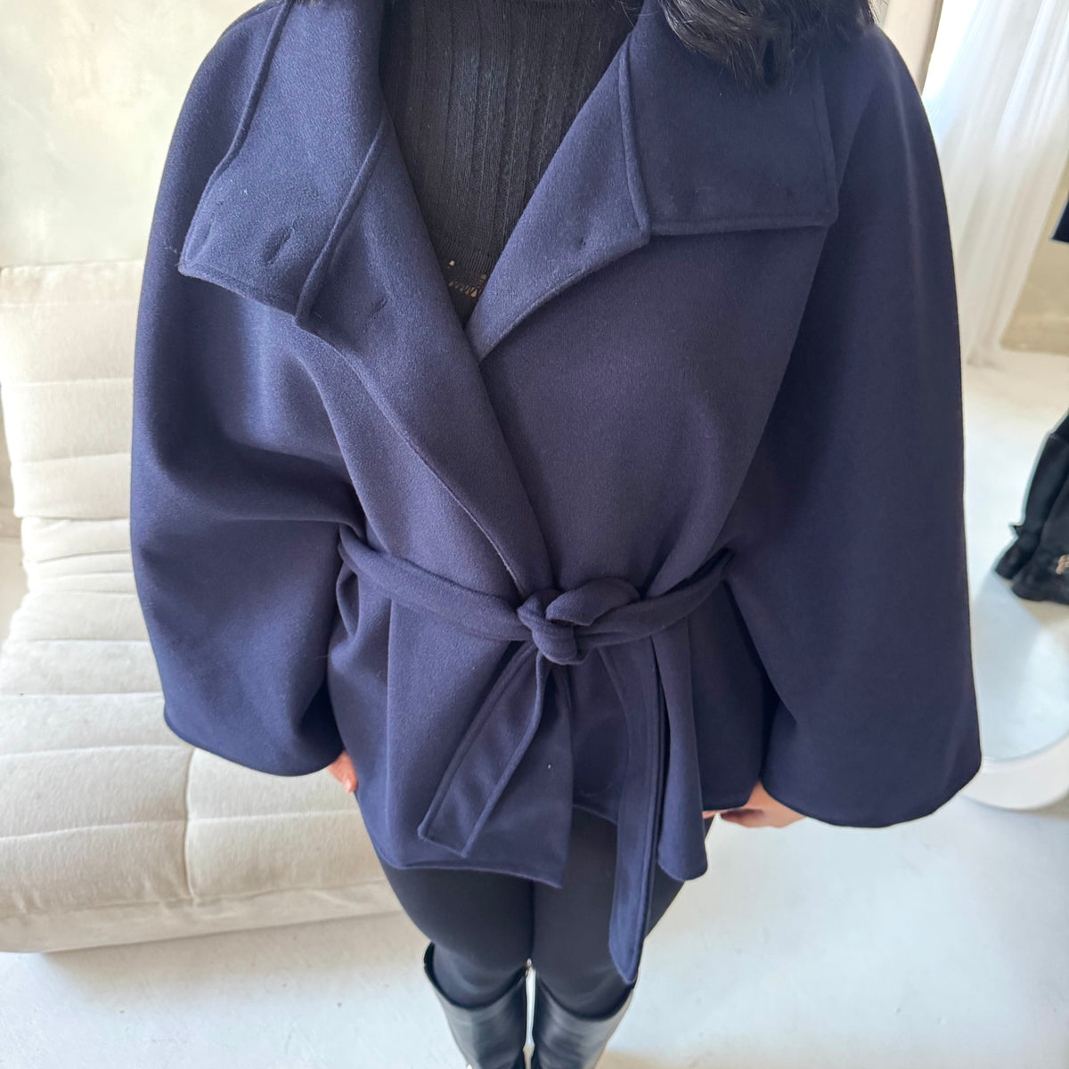 Hala Navy High Neck Belted Poncho Coat