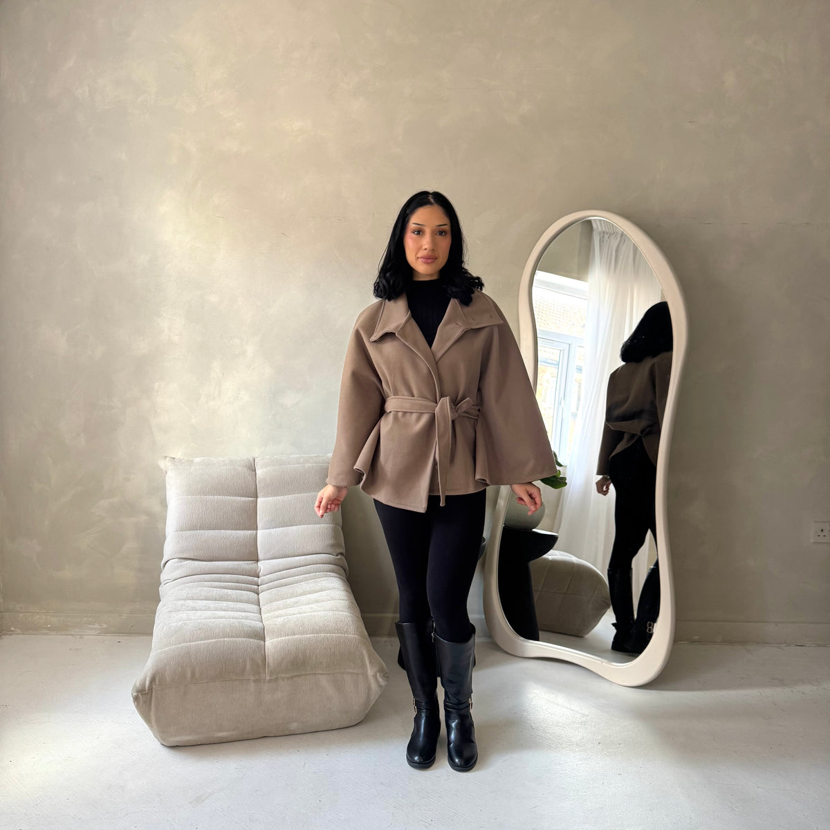 Hala Mocha High Neck Belted Poncho Coat