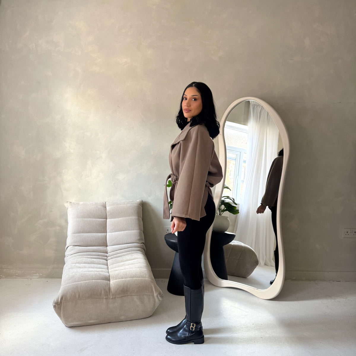 Hala Mocha High Neck Belted Poncho Coat