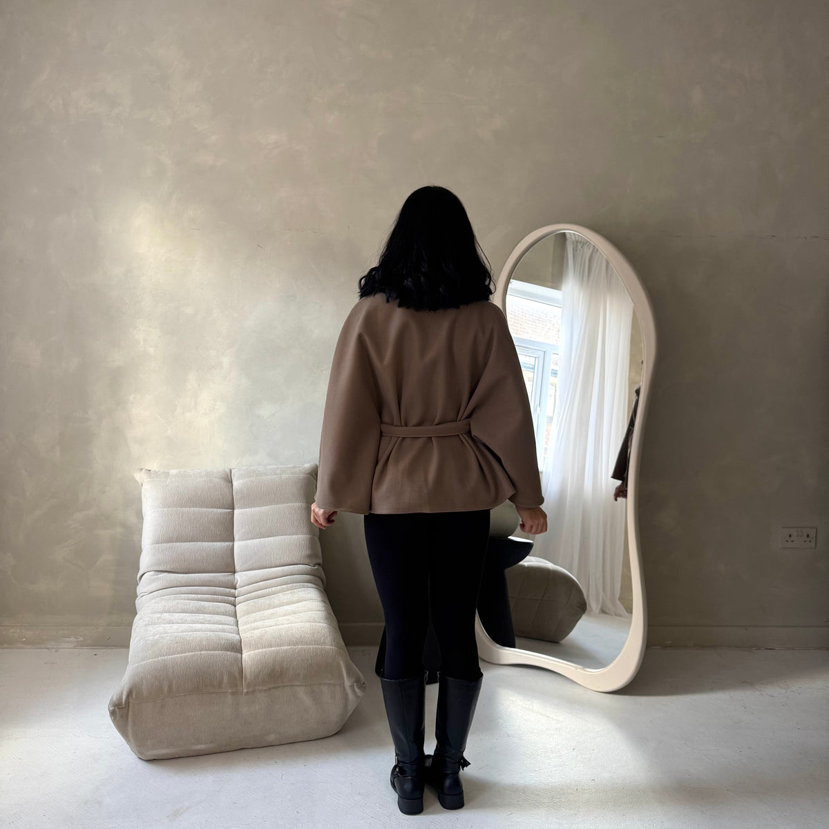 Hala Mocha High Neck Belted Poncho Coat