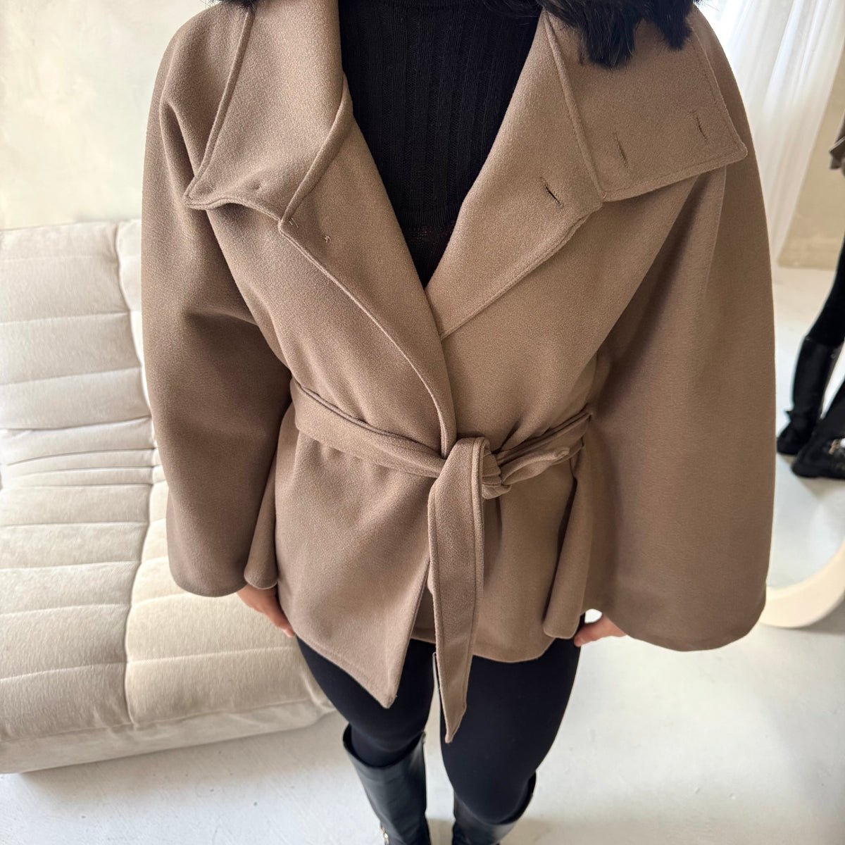 Hala Mocha High Neck Belted Poncho Coat