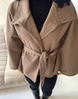 Hala Mocha High Neck Belted Poncho Coat