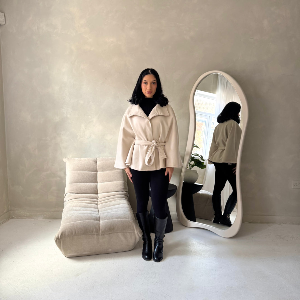 Hala Beige High Neck Belted Poncho Coat